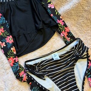 art class Black Rash Guard Set with Pink and Green Floral Accents